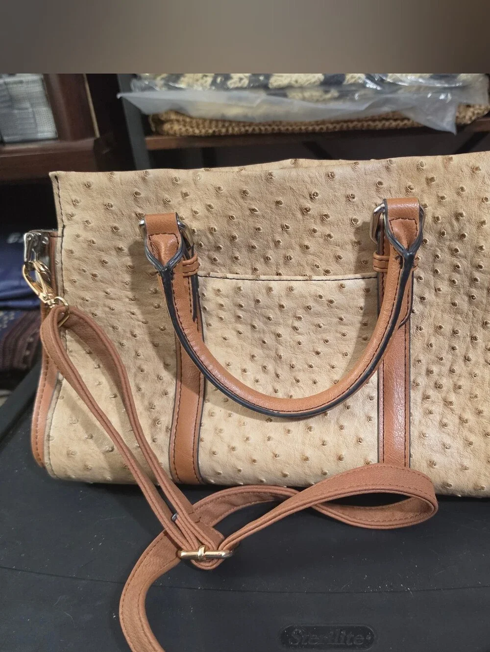LONDON FOG Faux-Ostrich Satchel Handbag- Beige